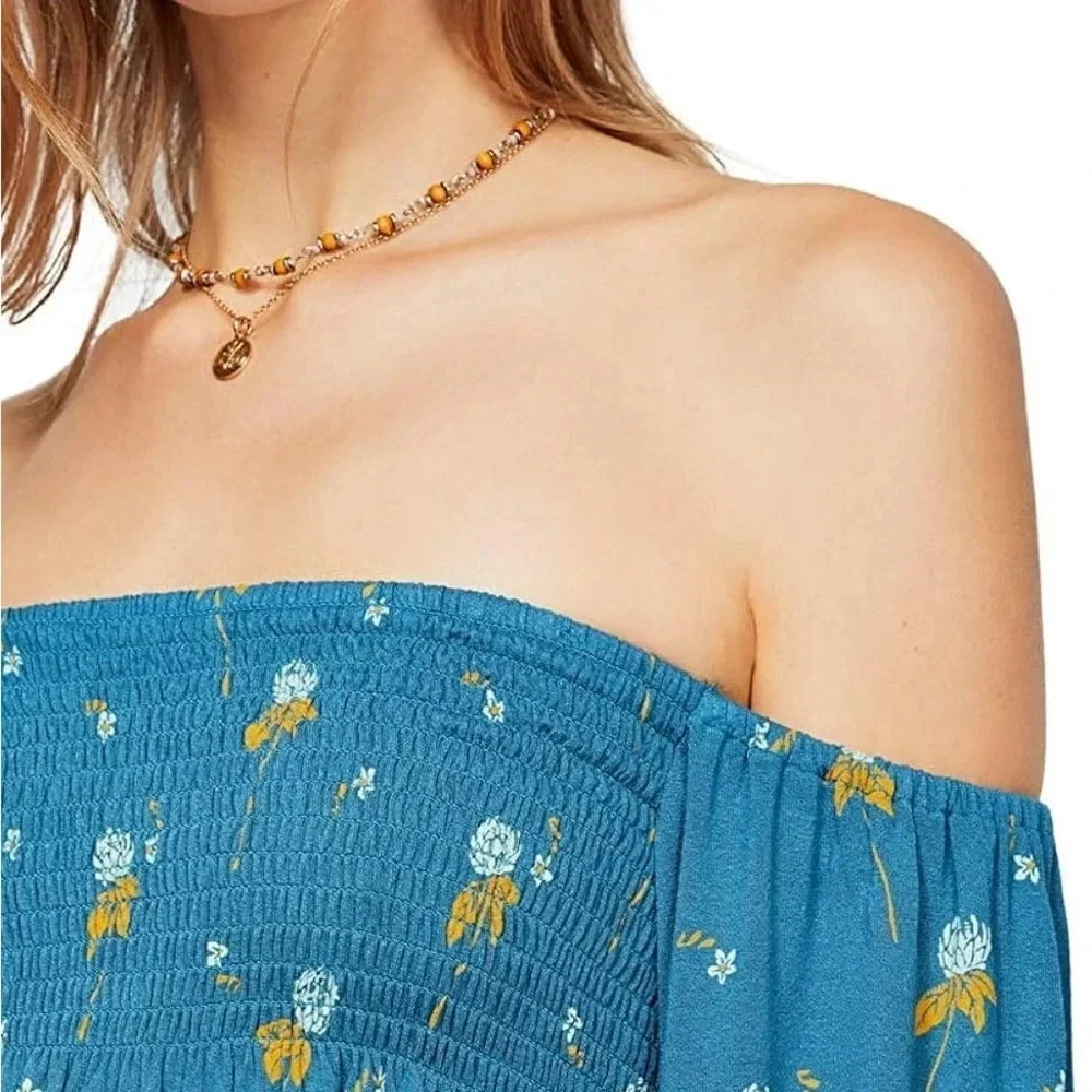 Free People Lana Off Shoulder Smocked Tunic NWOT Mermaid / Teal : Small Boho